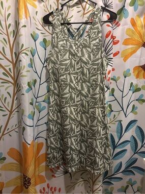 Eddie Bauer Olive and White Leaf-Print Mini Dress with Crisscross Back
